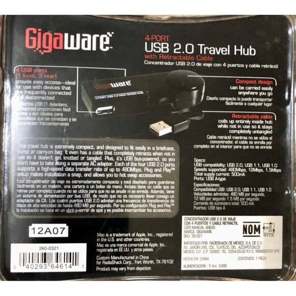 Gigaware 4-Port USB 2.0 Travel Hub with Retractable Cable Used - Picture 5 of 8
